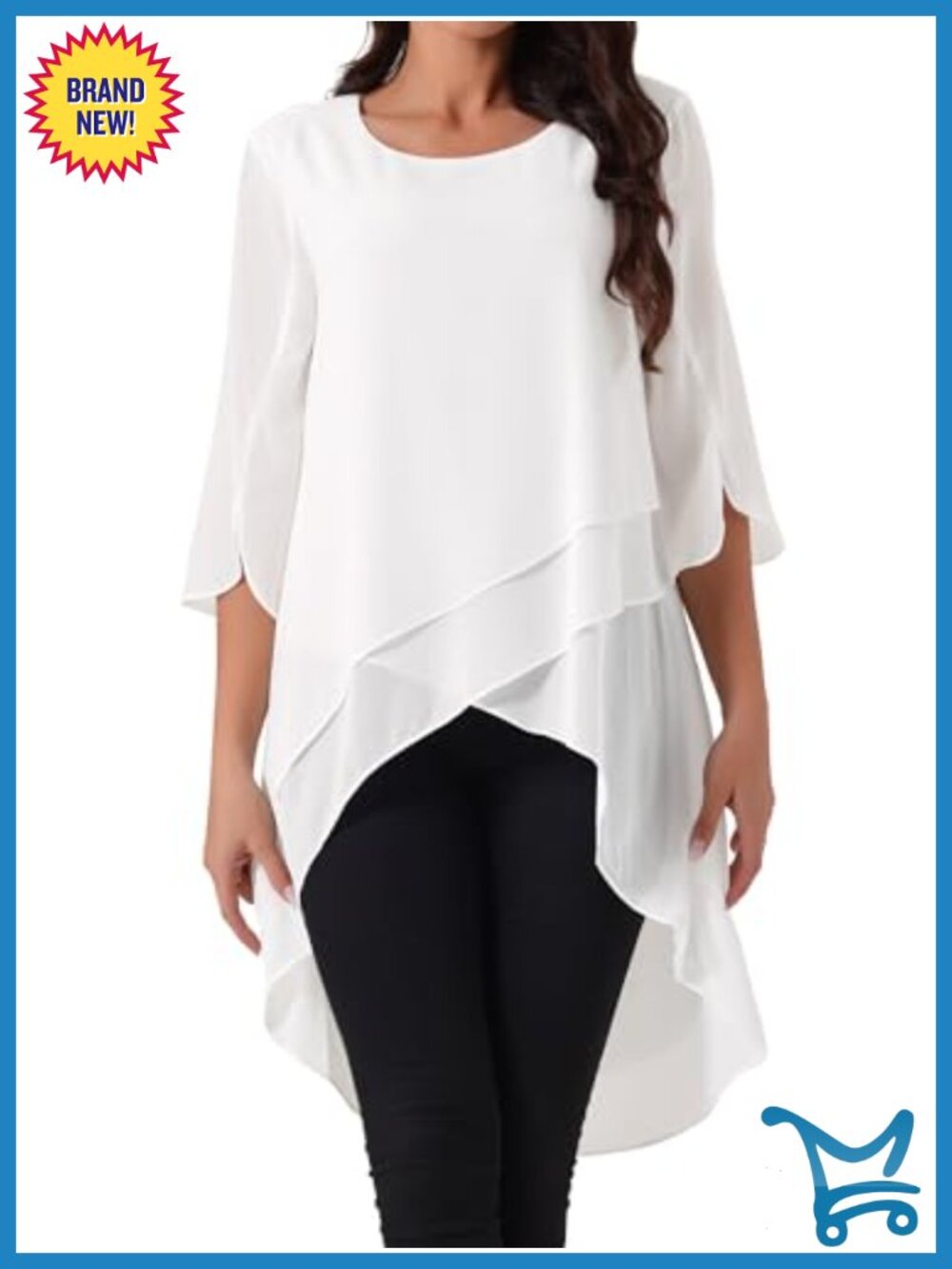 Women's Chiffon High Low Blouse 3/4 Bell Ruffle Sleeve Asymmetrical Top